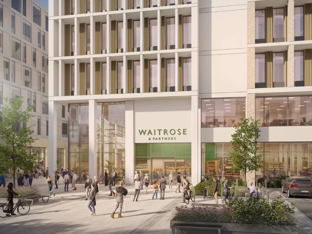 Rendering of the entrance to the new Waitrose supermarket at Brabazon, set on a bustling public square.