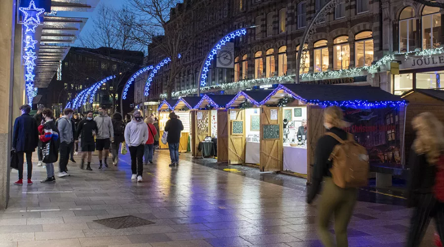 Christmas stalls in the town centre at Cardiff, the Welsh capital.