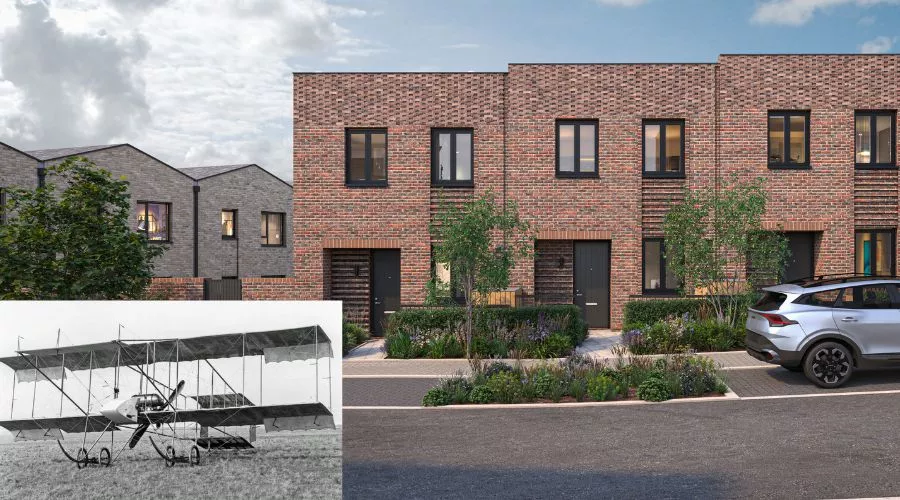 Row of The Boxkite - a  modern brick townhouse with a parked vehicle in parking bay, featuring crisp landscaping. Inset shows a greyscale image of a Boxkite biplane.