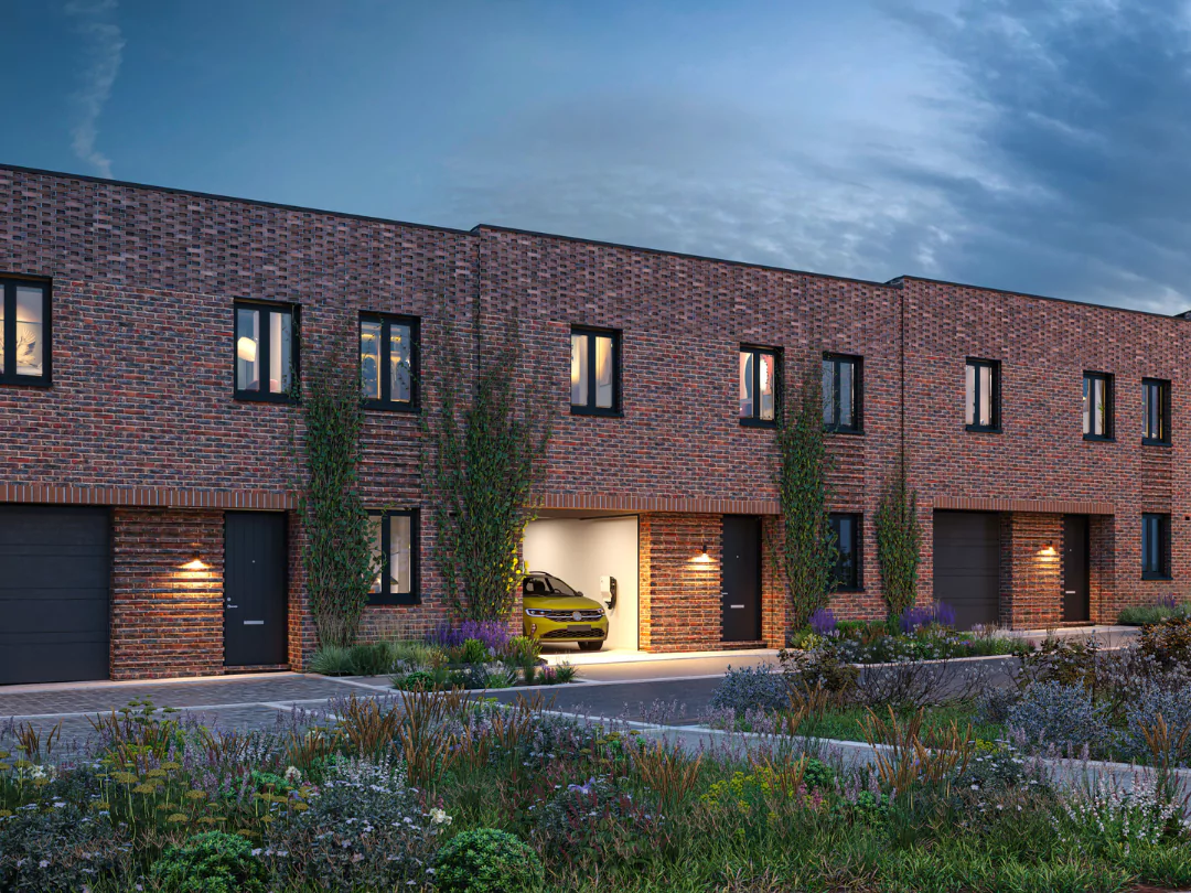 A row of attractive two-storey Prier homes fronting onto a landscaped street at Brabazon.