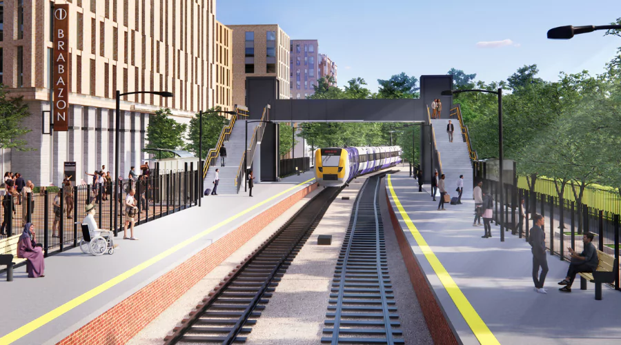 The train station at Brabazon, bustling with commuters eagerly waiting for their train as it approaches the platform. 