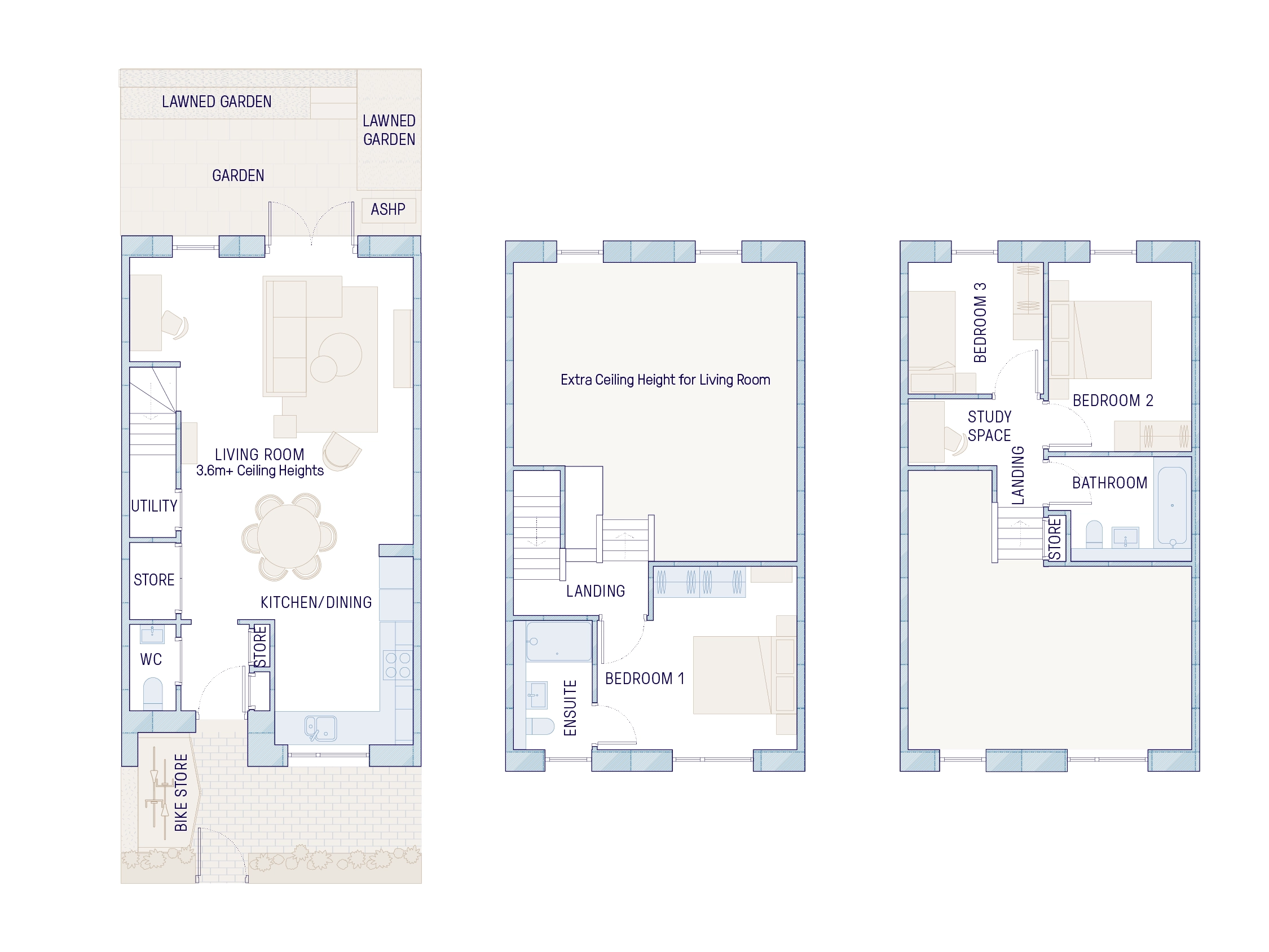 Full floor plan of 2.5 storey, 3 bedroom house