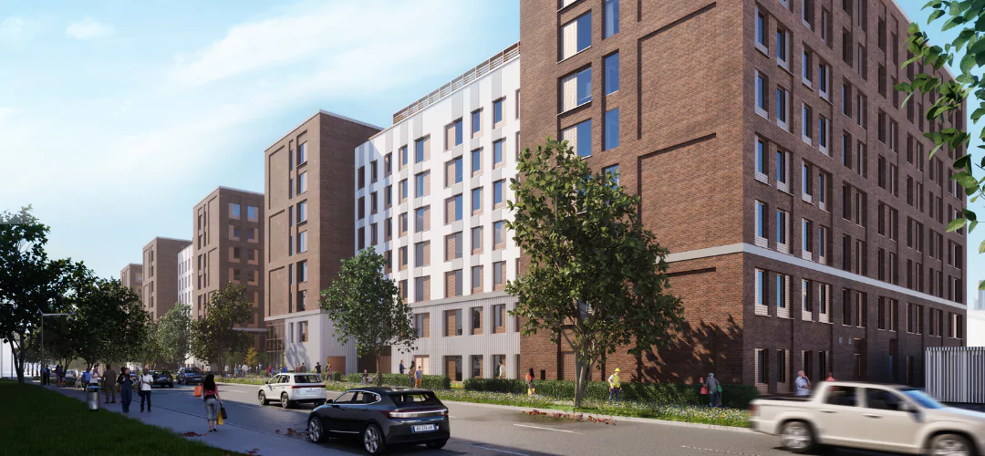 Architectural rendering of the street view of a modern student accommodation, with a brick façade and large windows, surrounded by greenery, pedestrians and traffic.
