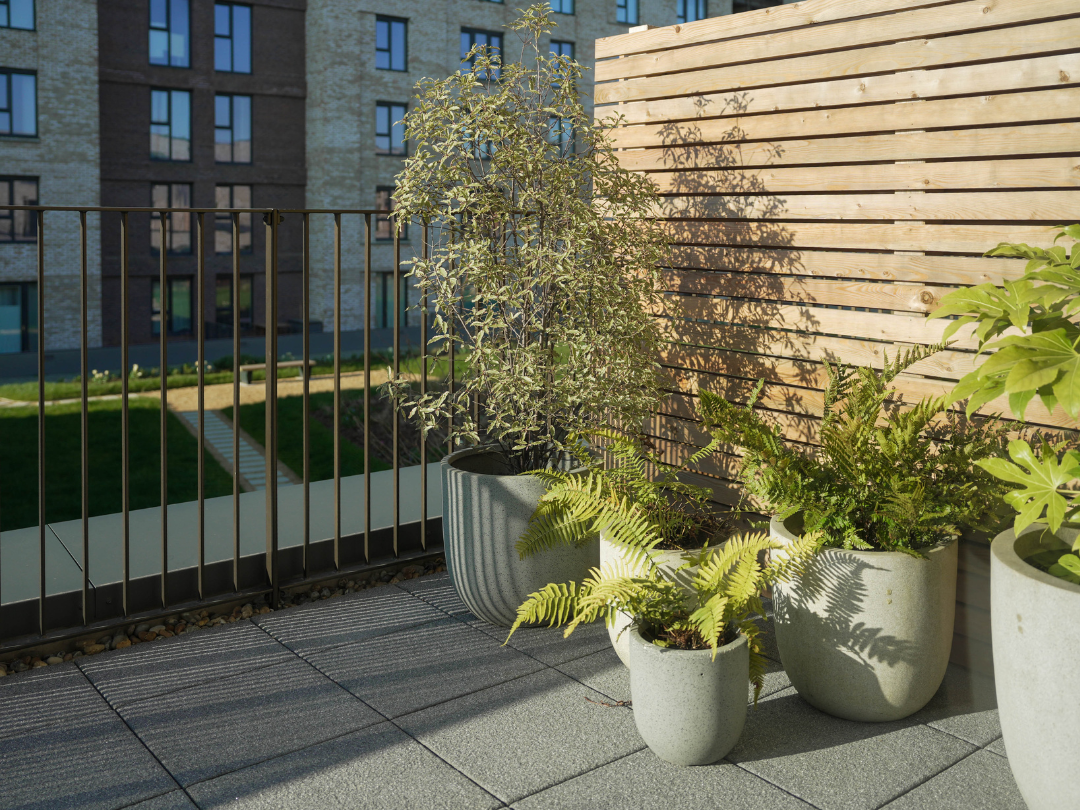 First-floor terrace garden with collection of potted plants, overlooking the Resident's garden.