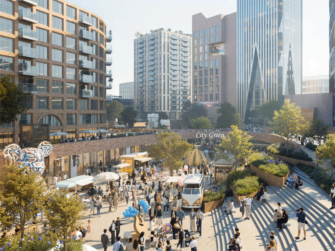 Rendering of the thriving new town centre at Brabazon, Bristol with shops, cafes, food vans and high-rise offices and hotels in the distance.