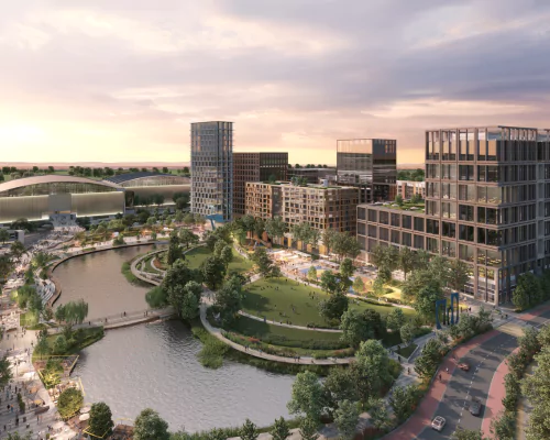 CGI rendering of a bustling park at dusk with a large lake and busy waterfront boardwalk. YTL Arena and high-rise buildings are in the background.