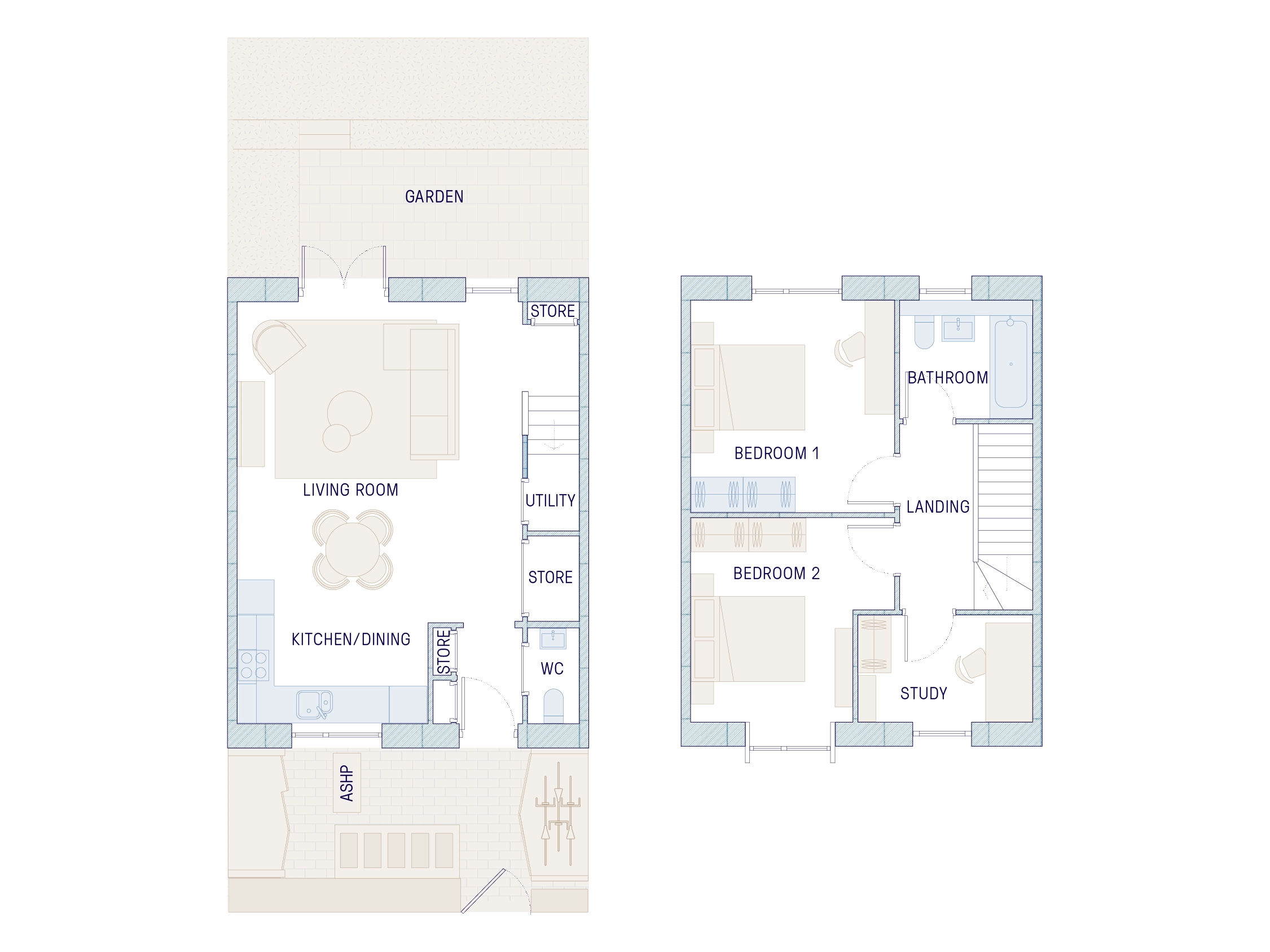 Full floor plan of The Coanda two bedroom, two storey house