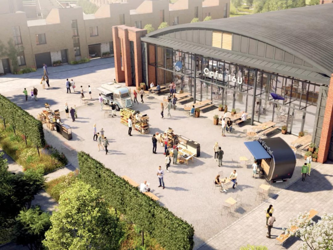 Aerial perspective of The Hangar, serving as a vibrant local hub in South West Bristol. 