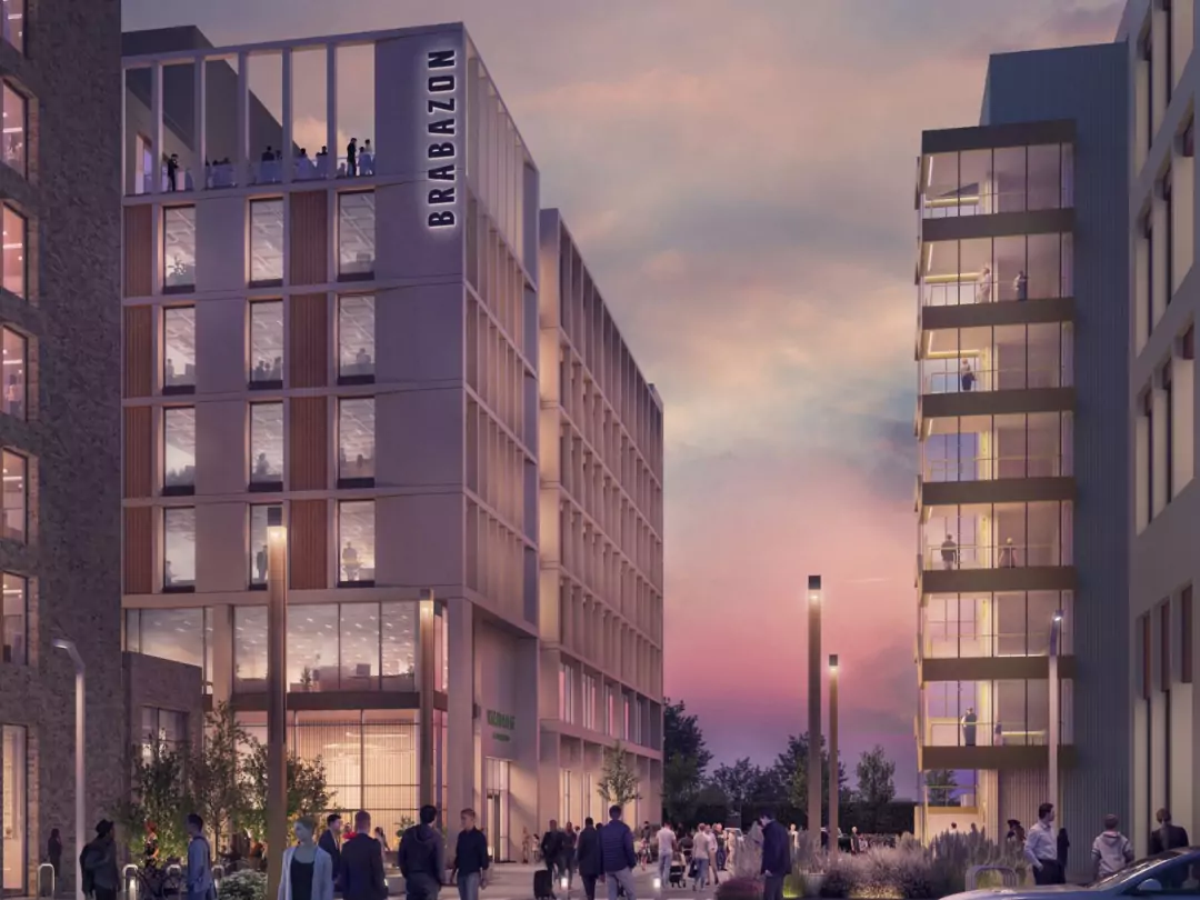 CGI of urban city centre with people gathering outside new seven storey office building above flagship Waitrose store against a picturesque sunset backdrop.