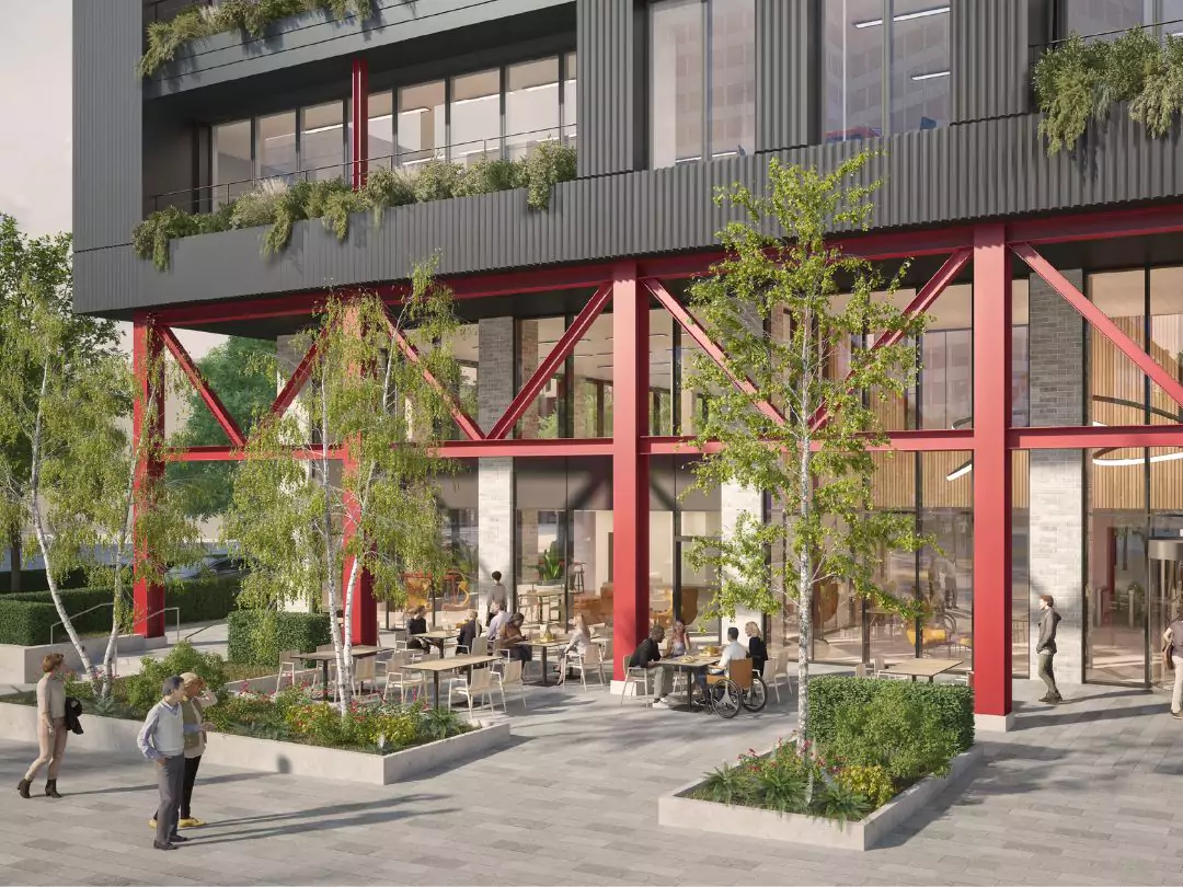 CGI of new station office building at Brabazon, showcasing a external seating on the ground floor. 