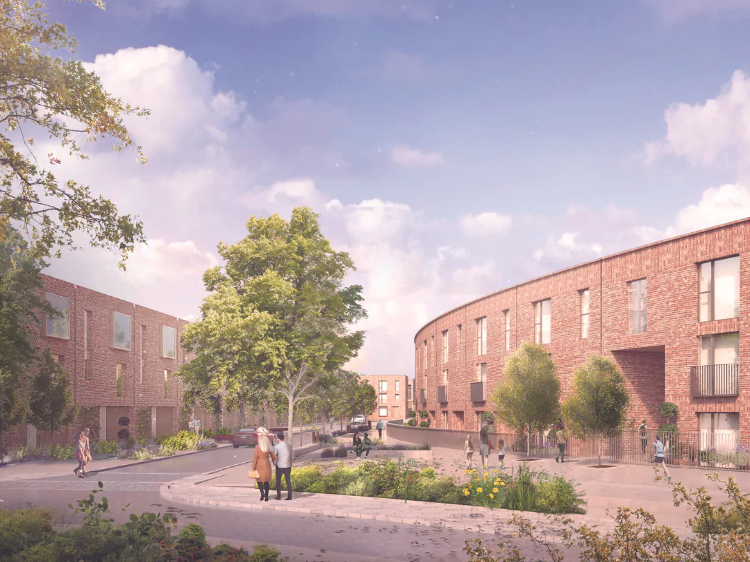 CGI of residents enjoying the tree-lined streets at The Hanagar District.