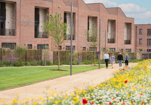 A group of young people walking through a landscaped green park on a sunny day in front of a row of modern red-brick homes.