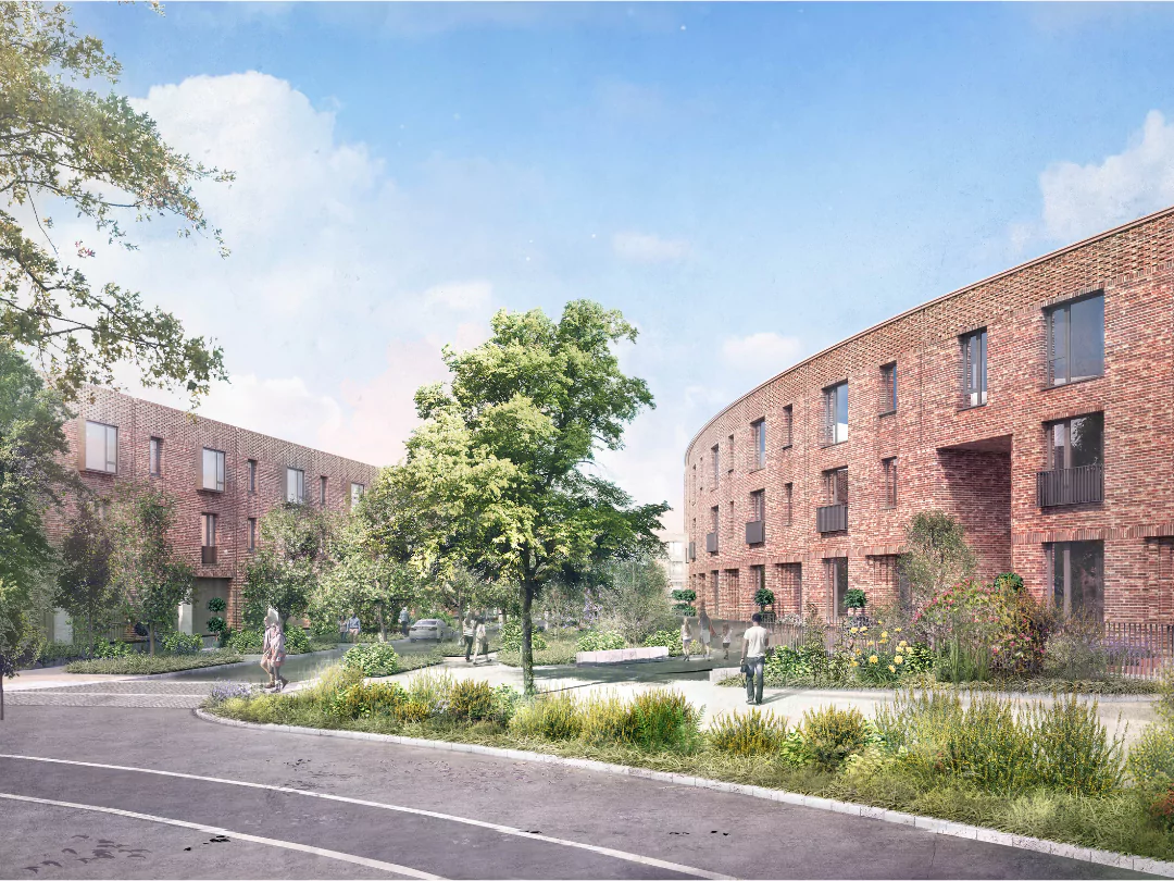 Illustration of crescent of contemporary red brick homes situated in the tree-lined streets of the Hanagar District.