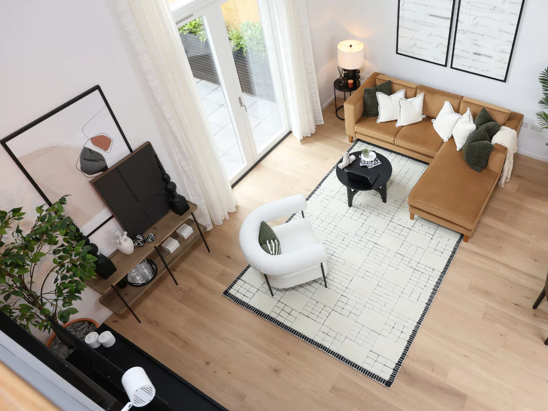 Ariel shot of the stylish double height living space.